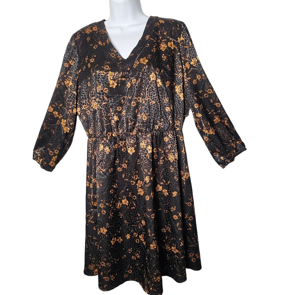 Womens L Black Gold Floral Leopard Dress Dark Academia Fall Jacquard 41 Hawthorn